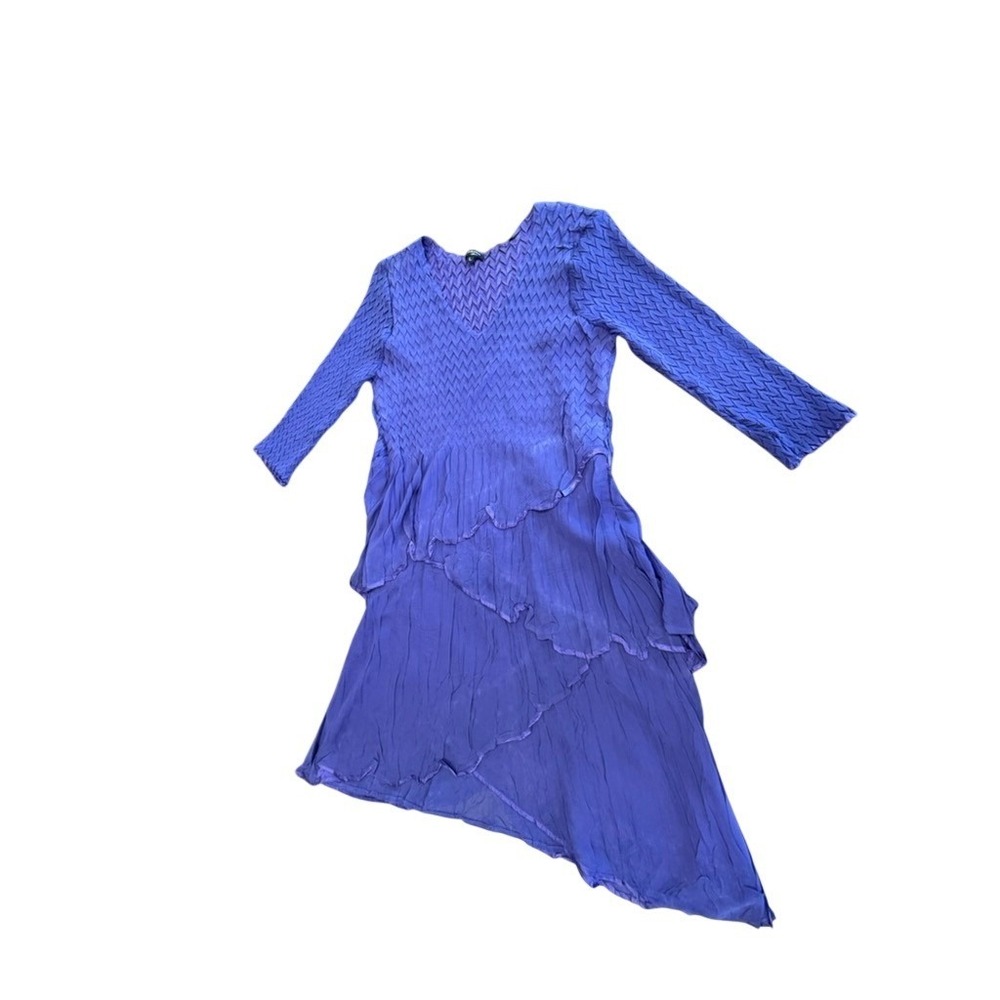 Komarov Purple Hand Pleated Asymmetrical Tiered V-Neck Midi Dress L PLZ READ!!
